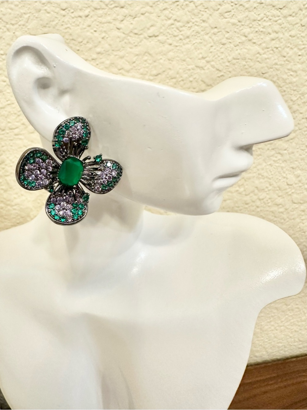 Green & Purple Rhinestones Flower Earrings